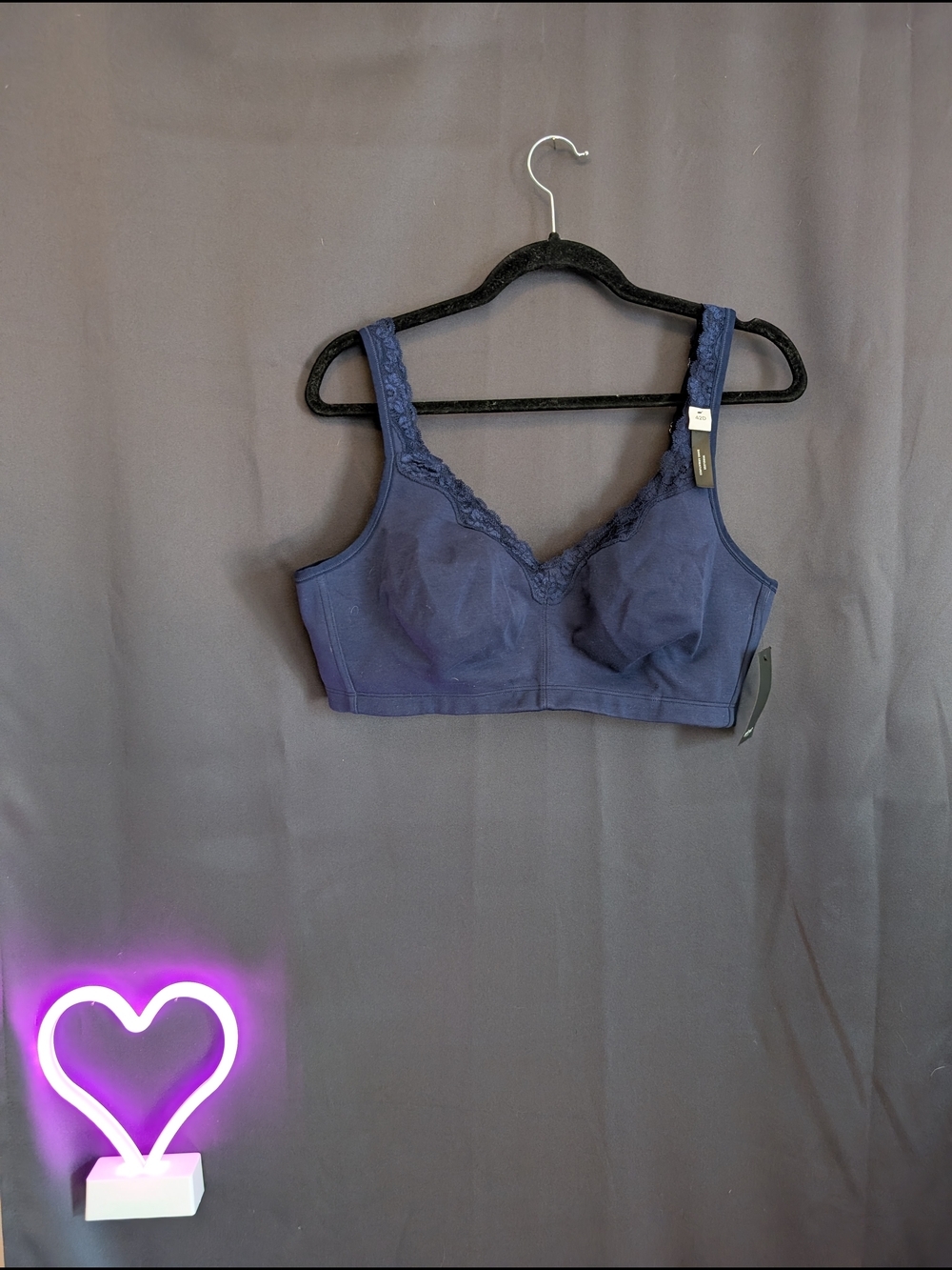 Addition Elle Lace-Trim Wireless Bra in Navy Blue 42 D Lace Fitted Everyday NWT